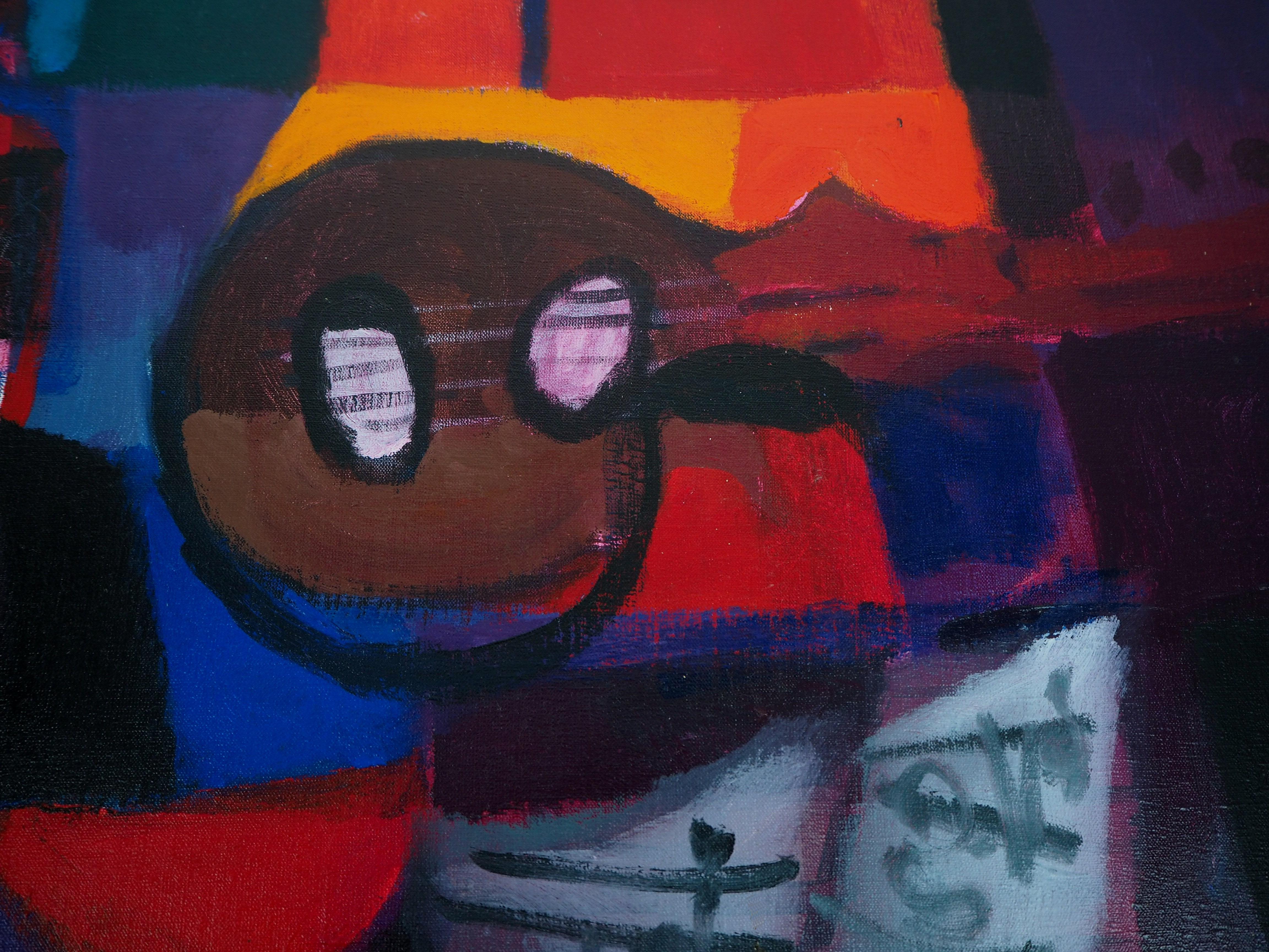 Still Life : Guitar and Bottles - Original oil painting on canvas, Handsigned 2
