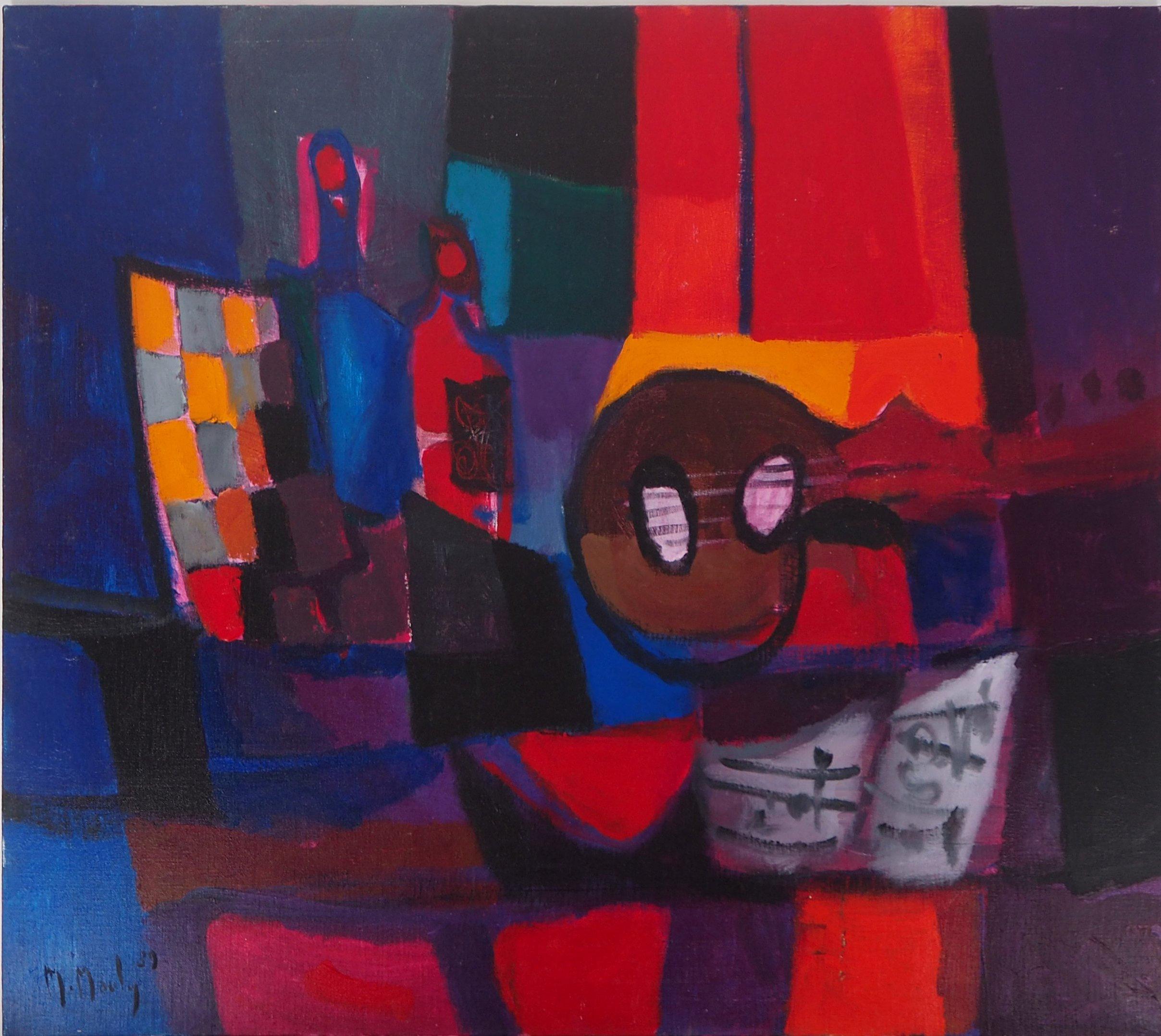 Marcel Mouly Still-Life Painting - Still Life : Guitar and Bottles - Original oil painting on canvas, Handsigned