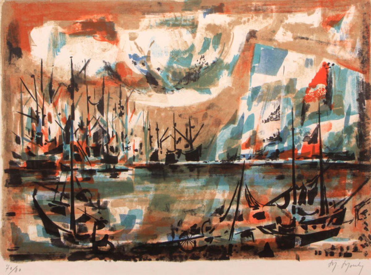 Marcel Mouly Landscape Print - "Early Harbor" Limited Edition Lithograph (70/80) Pencil-signed by Artist 