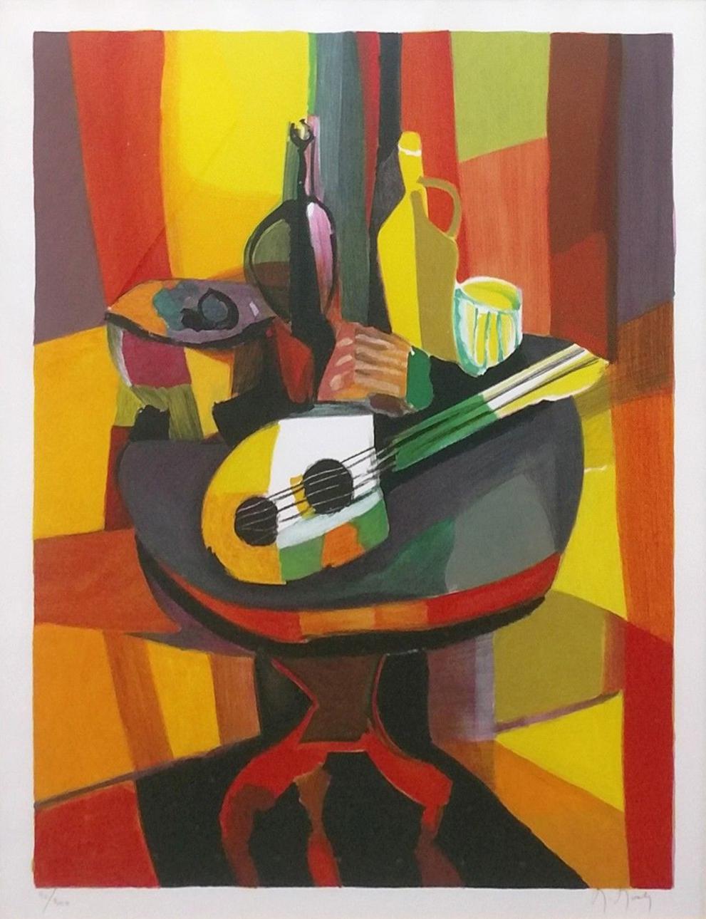 Marcel Mouly Still-Life Print - GUITARE SUR GUERIDON