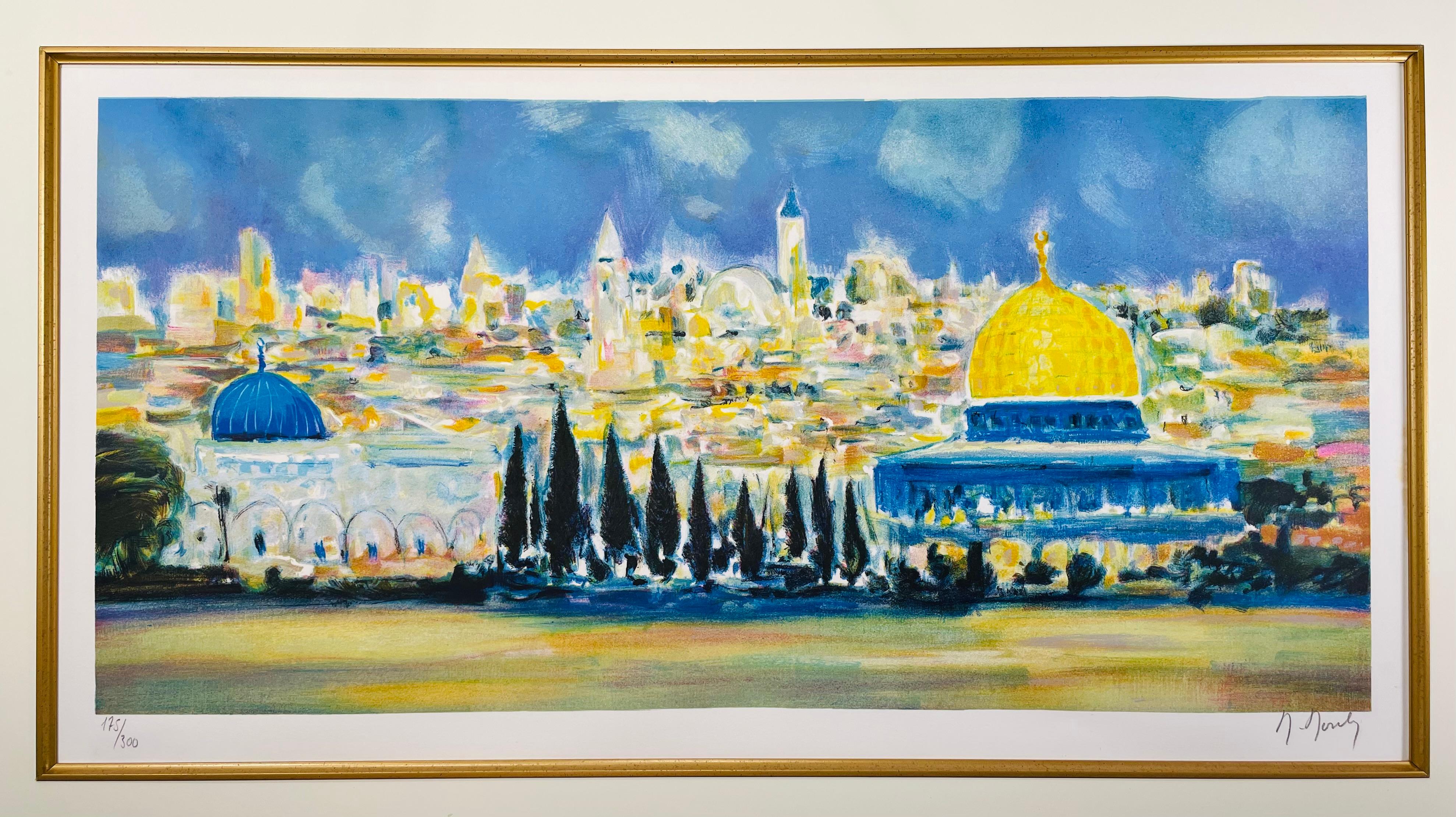 Marcel Mouly (French 1918 - 2008)  “Jerusalem”  lithograph on woven paper with deep saturated colors in excellent condition.  Well framed with acrylic cover, signed lower right, numbered 175/300 lower left.  Wonderful blues, greens in background