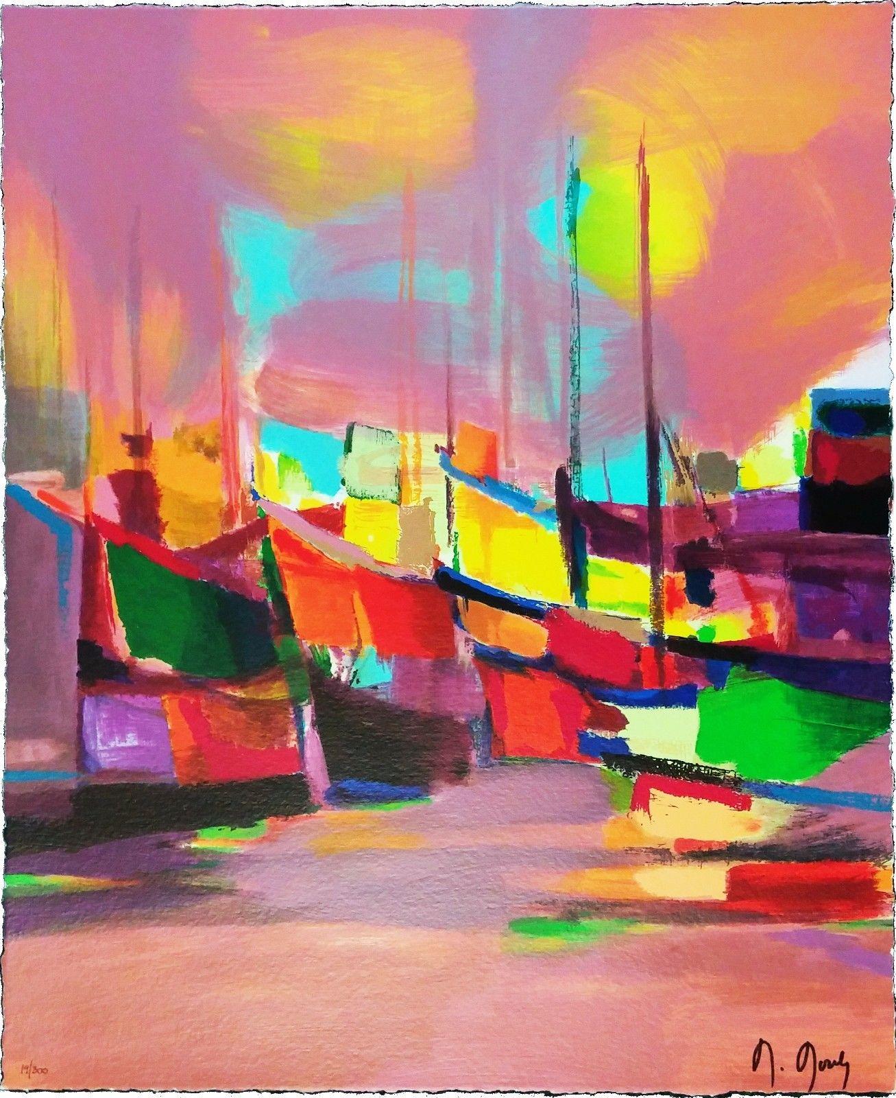 Marcel Mouly Landscape Print - LES BATEAUX JAUNES