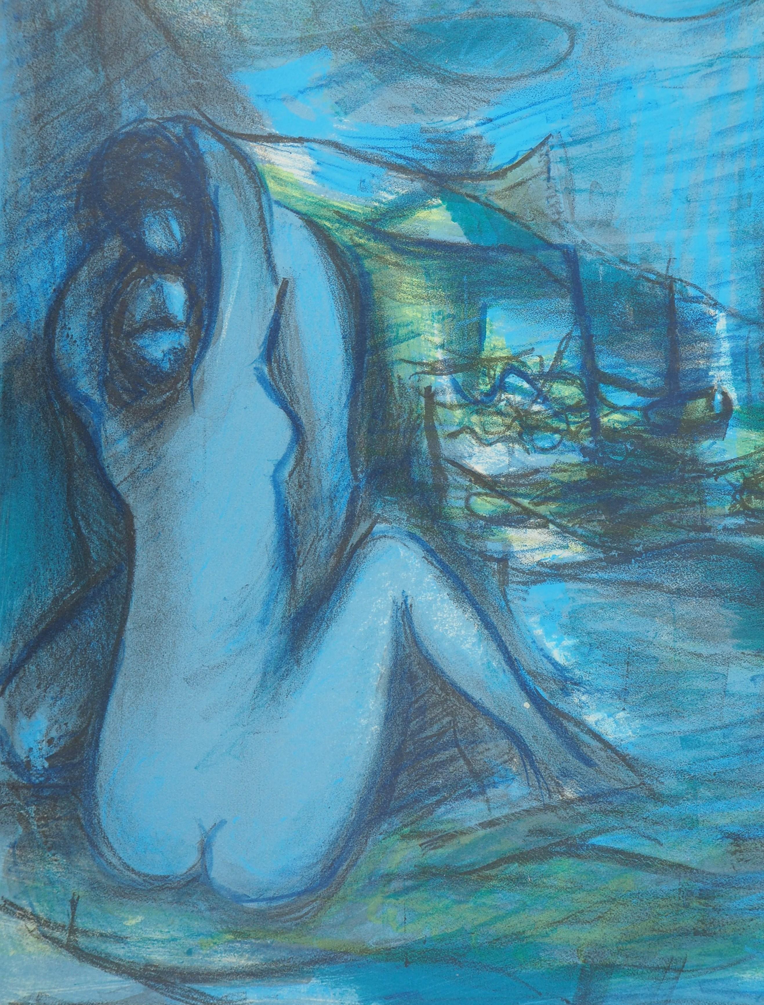 Lovers at the Beach - Original handsigned lithograph - Blue Figurative Print by Marcel Mouly