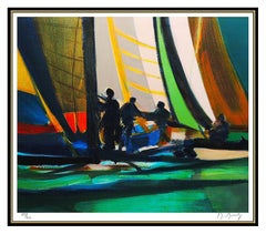 Marcel Mouly Color Lithograph Original Hand SIGNED Authentic Sailboat Harbor Art