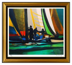 Marcel Mouly Color Lithograph Original Hand SIGNED Authentic Sailboat Harbor Art
