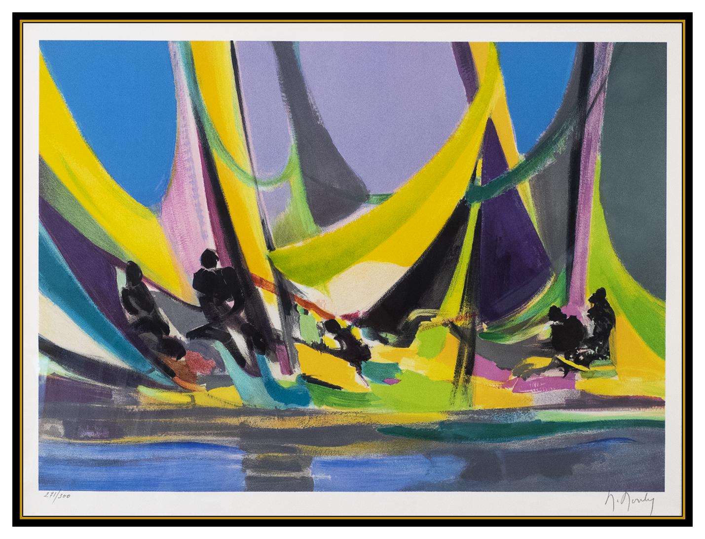 Marcel Mouly Large Color Lithograph Hand Signed Harbor Marine Au Ciel Cubism Art For Sale 2