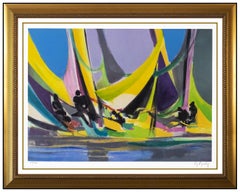 Marcel Mouly Large Color Lithograph Hand Signed Harbor Marine Au Ciel Cubism Art