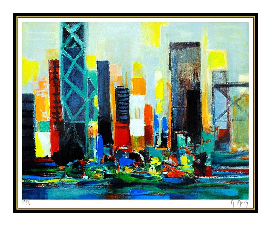 Marcel Mouly Large Color Lithograph Original Hand Signed Harbor Cityscape Art 1