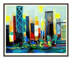 Marcel Mouly Large Color Lithograph Original Hand Signed Harbor Cityscape Art