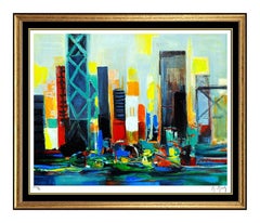 Marcel Mouly Large Color Lithograph Original Hand Signed Harbor Cityscape Art