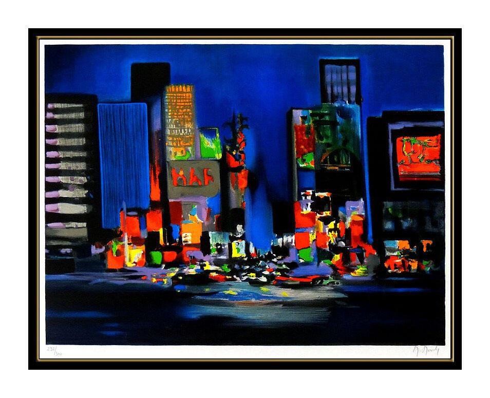 Marcel Mouly Large Hand Signed Color Lithograph Times Square New York Rare Art For Sale 1