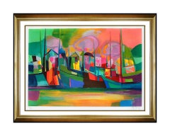 Marcel Mouly Large Original Lithograph Color Landscape Signed Orage Village Art