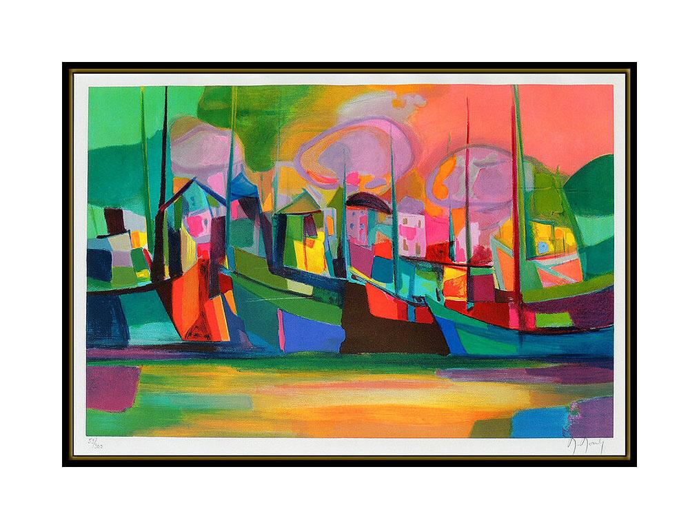 Marcel Mouly Large Original Lithograph Color Landscape Signed Orage Village Art For Sale 1