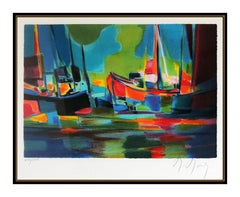 Marcel Mouly Original Color Lithograph Hand Signed Cubism Artwork Boats Harbor