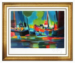 Marcel Mouly Original Color Lithograph Hand Signed Cubism Artwork Boats Harbor