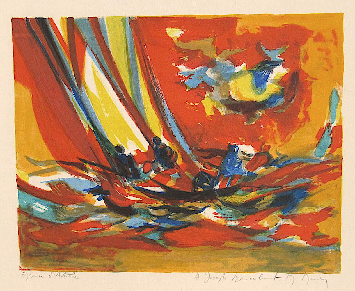 RED YACHTSMEN Signed Lithograph, Abstract Sunset, Nautical Scene, Sailing Yacht - Print by Marcel Mouly