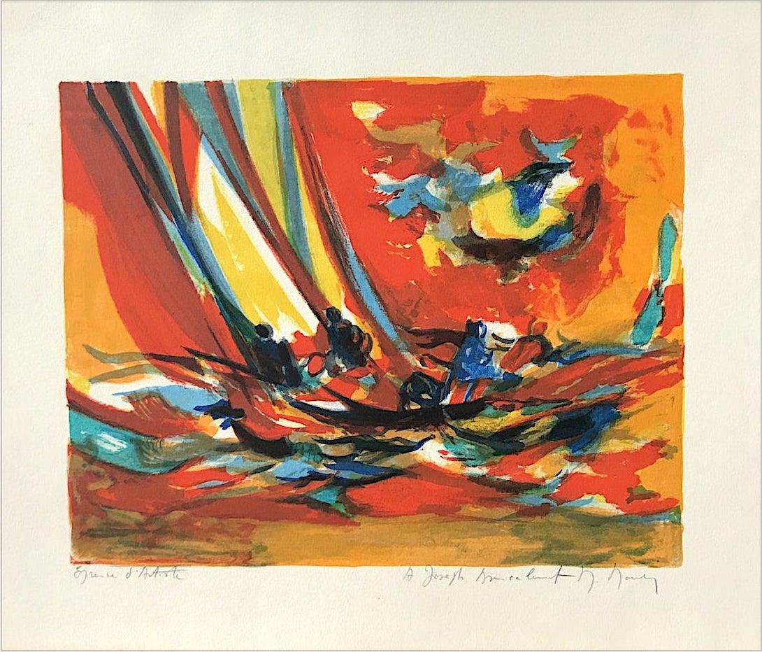 Marcel Mouly Landscape Print - RED YACHTSMEN Signed Lithograph, Abstract Sunset, Nautical Scene, Sailing Yacht