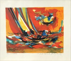 RED YACHTSMEN Signed Lithograph, Abstract Sunset, Nautical Scene, Sailing Yacht