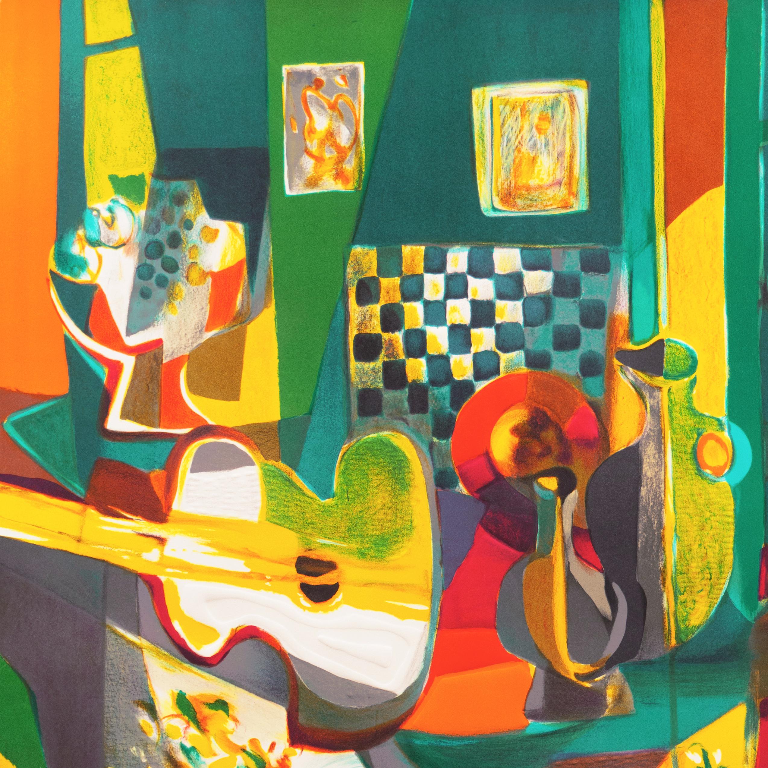 'Still Life with Guitar', Musee Moderne, Paris, Salon d'Automne, NY MOMA, LACMA - Post-Impressionist Print by Marcel Mouly
