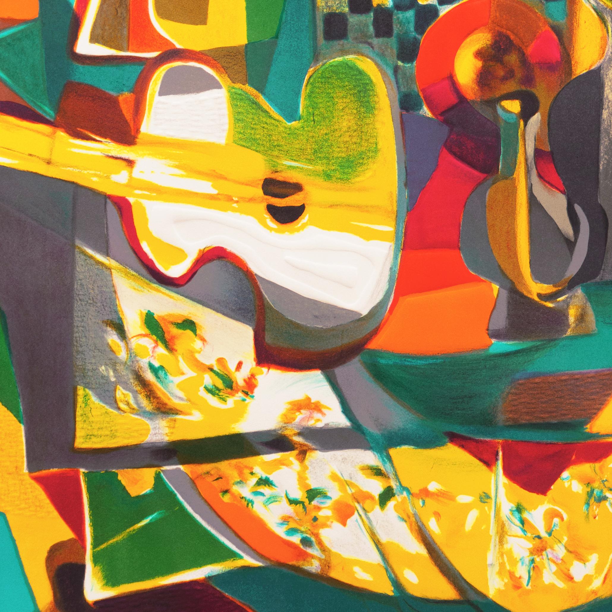 'Still Life with Guitar', Musee Moderne, Paris, Salon d'Automne, NY MOMA, LACMA - Brown Still-Life Print by Marcel Mouly