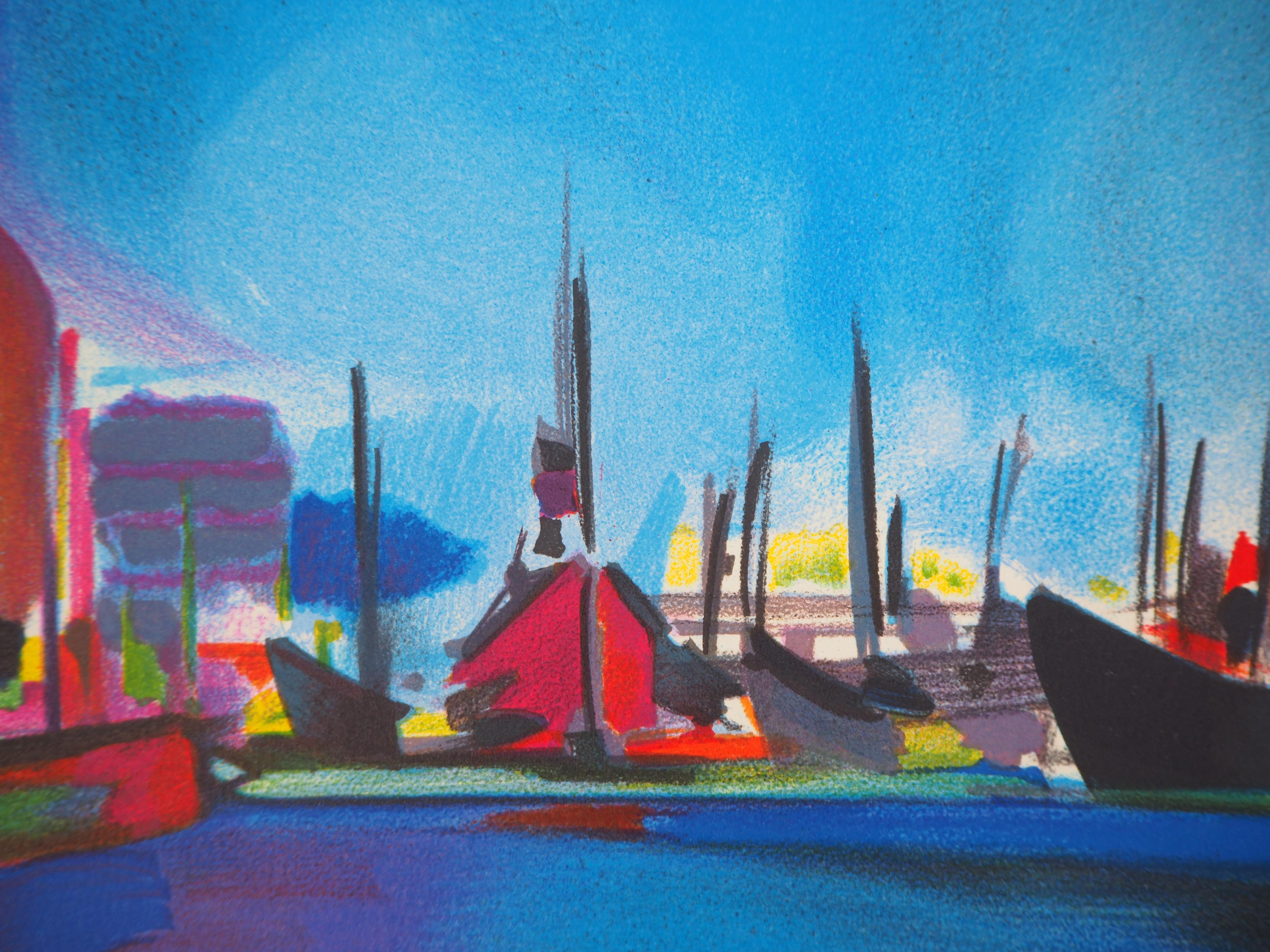 Sunset on the Harbor - Original lithograph - Modern Print by Marcel Mouly