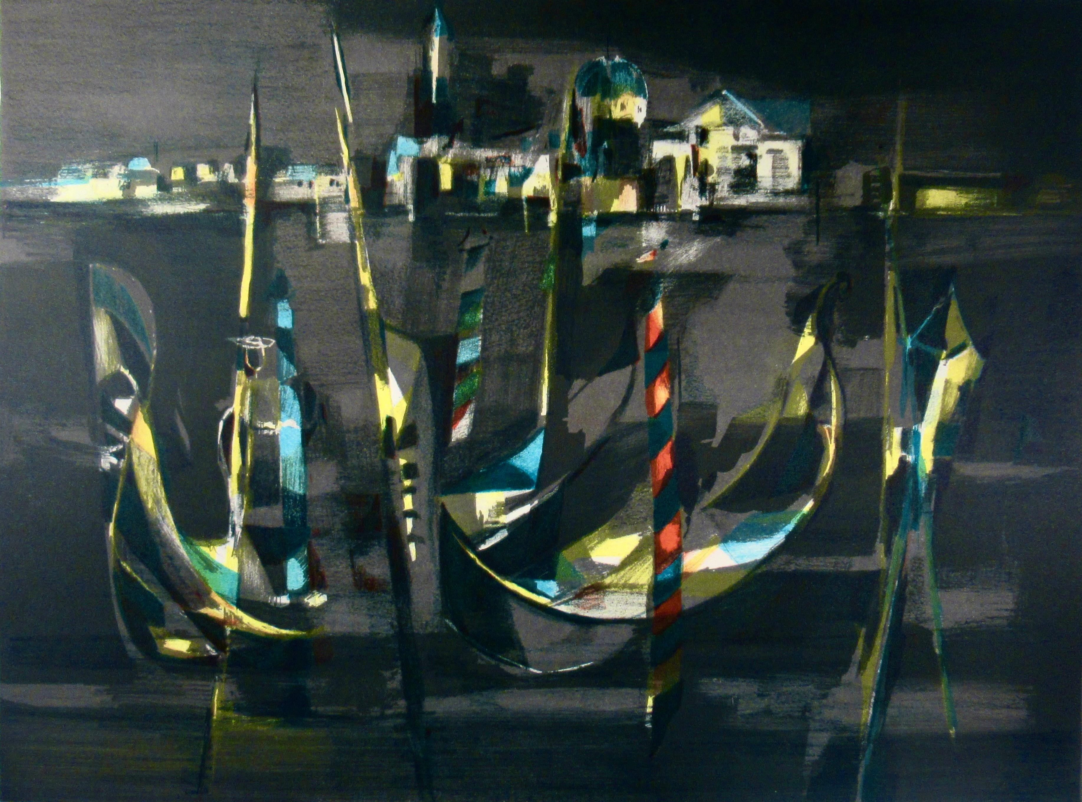 The Gondolas in the Front of St. Georges at Night - Print by Marcel Mouly