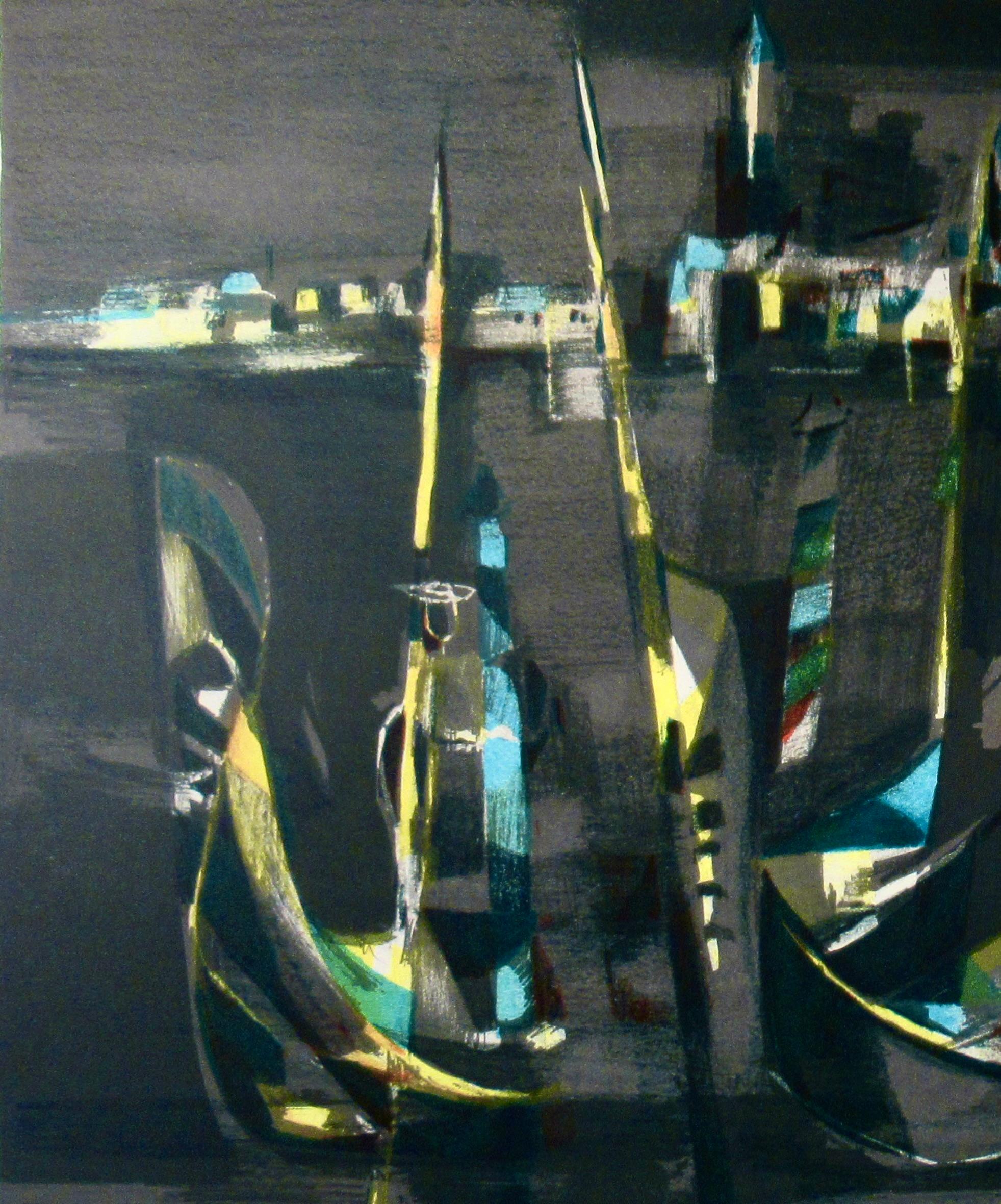 The Gondolas in the Front of St. Georges at Night - Impressionist Print by Marcel Mouly