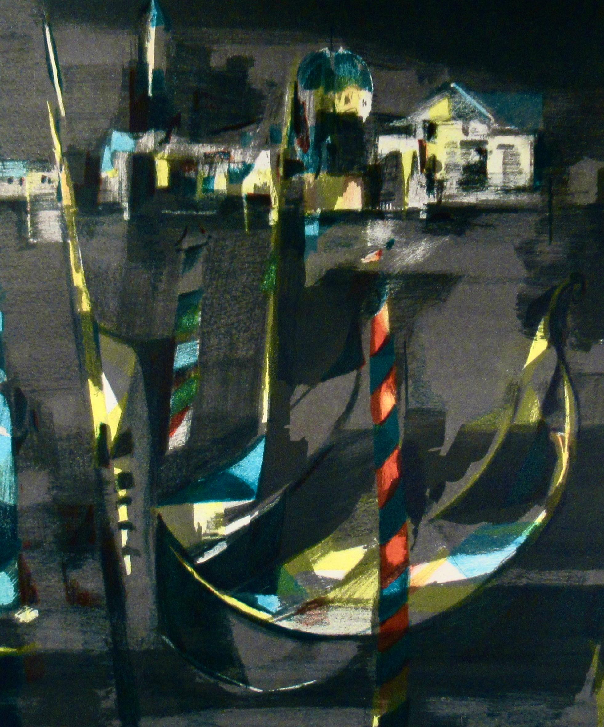 The Gondolas in the Front of St. Georges at Night - Black Figurative Print by Marcel Mouly