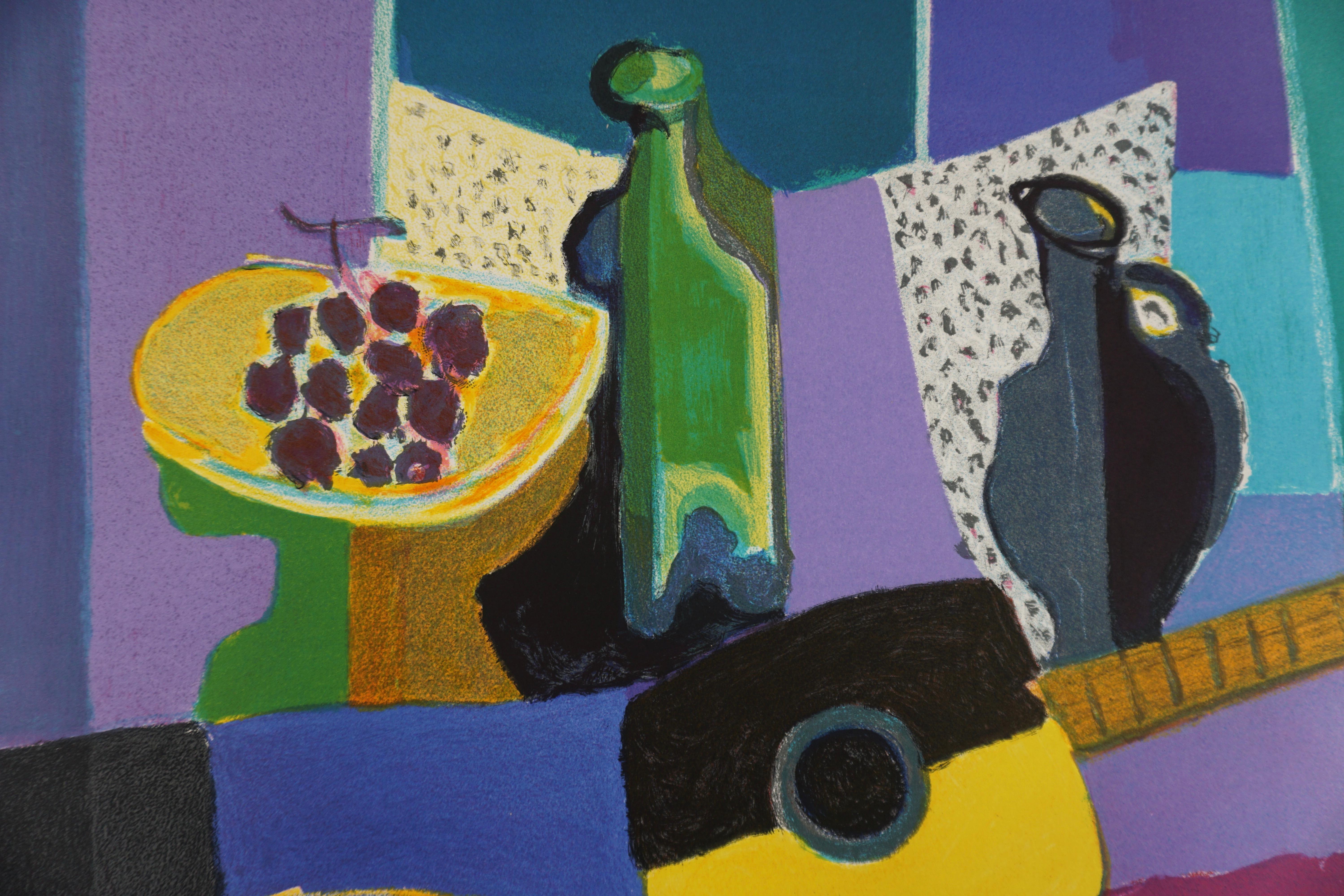 Interior Scene With Fruit, Guitar, Wine Bottle on Table - Abstract Expressionist Print by Marcel Mouly