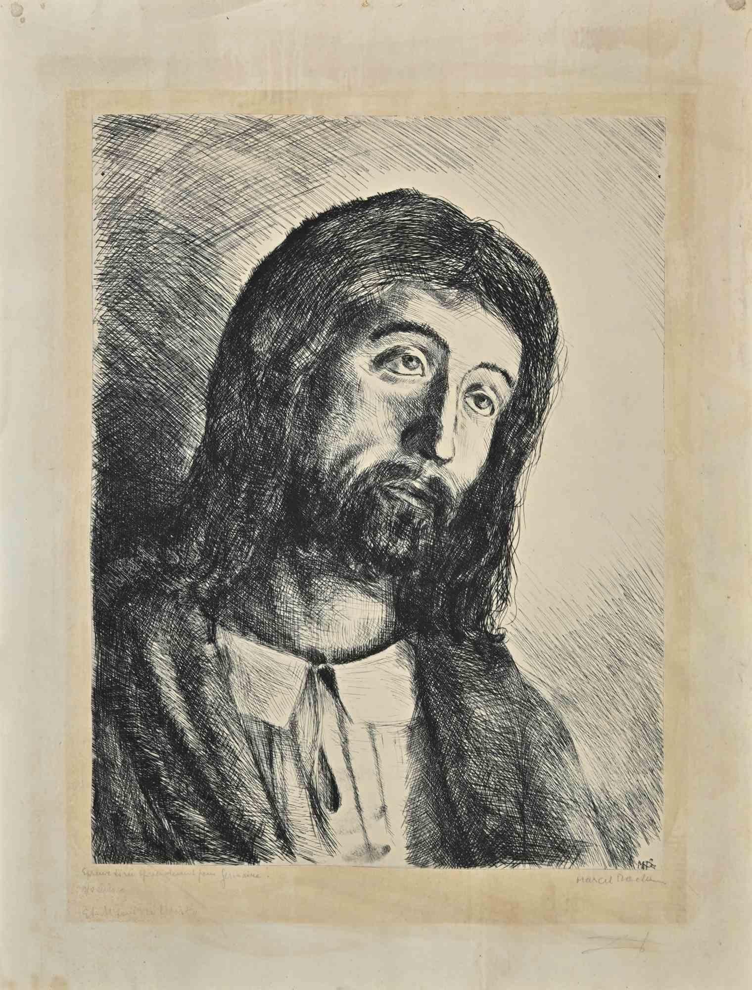 Portrait of Christ is an etching on paper realized by Marcel Muelu in the mid-20th Century.

Signed on the lower.

The artwork is in good condition and aged.

The artwork is depicted through short and quick strokes, by spiritual sensibility masterly.