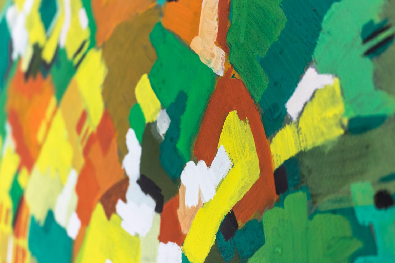 Marcel Mulot, unterzeichnet.
Abstrakte Gouache auf Papier mit geometrischen, konzentrischen Farbschwaden in den Farben Grün, Gelb, Orange, Schwarz und Weiß.

Werk signiert 
