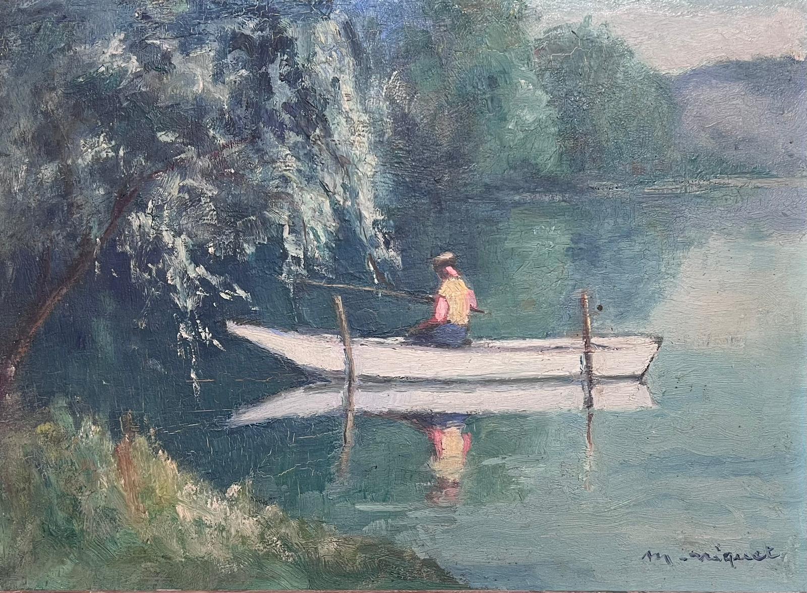 Mid 20th Century French Post-Impressionist Signed Oil Angler in Boat on River - Painting by Marcel Niquet