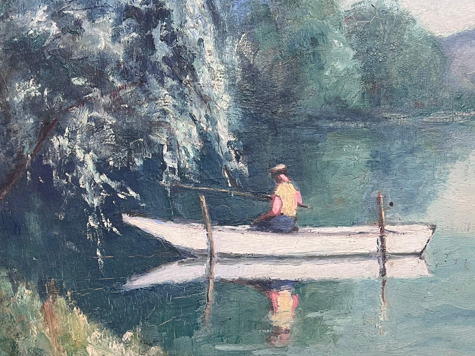 Mid 20th Century French Post-Impressionist Signed Oil Angler in Boat on River For Sale 1