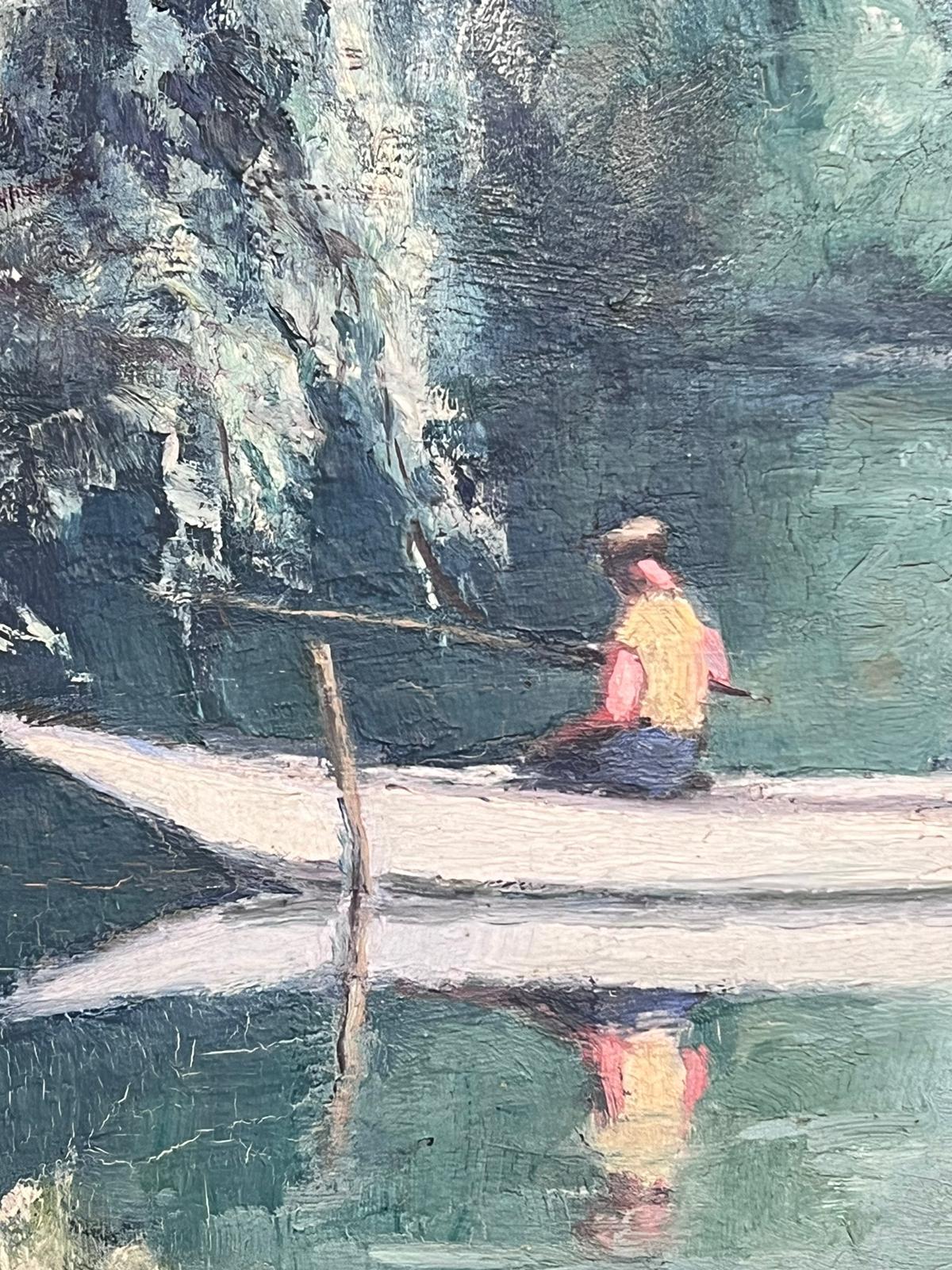 Mid 20th Century French Post-Impressionist Signed Oil Angler in Boat on River For Sale 3