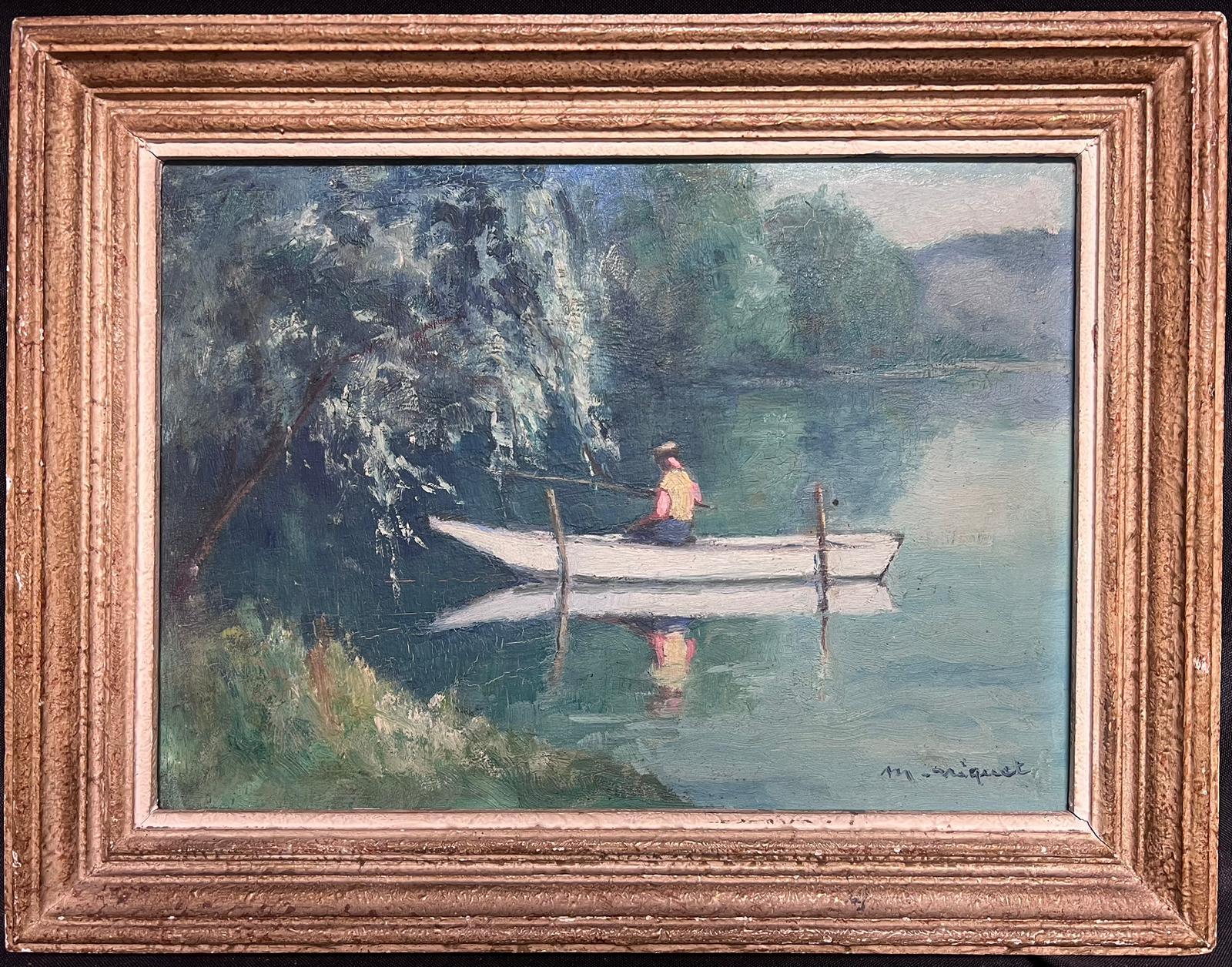 Marcel Niquet Figurative Painting - Mid 20th Century French Post-Impressionist Signed Oil Angler in Boat on River