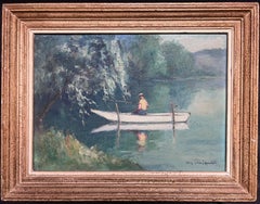 Mid 20th Century French Post-Impressionist Signed Oil Angler in Boat on River