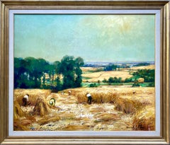 Antique Marcel Pire, 1913 – 1981,  Belgian Painter, 'Wheat Field with Working Farmers'