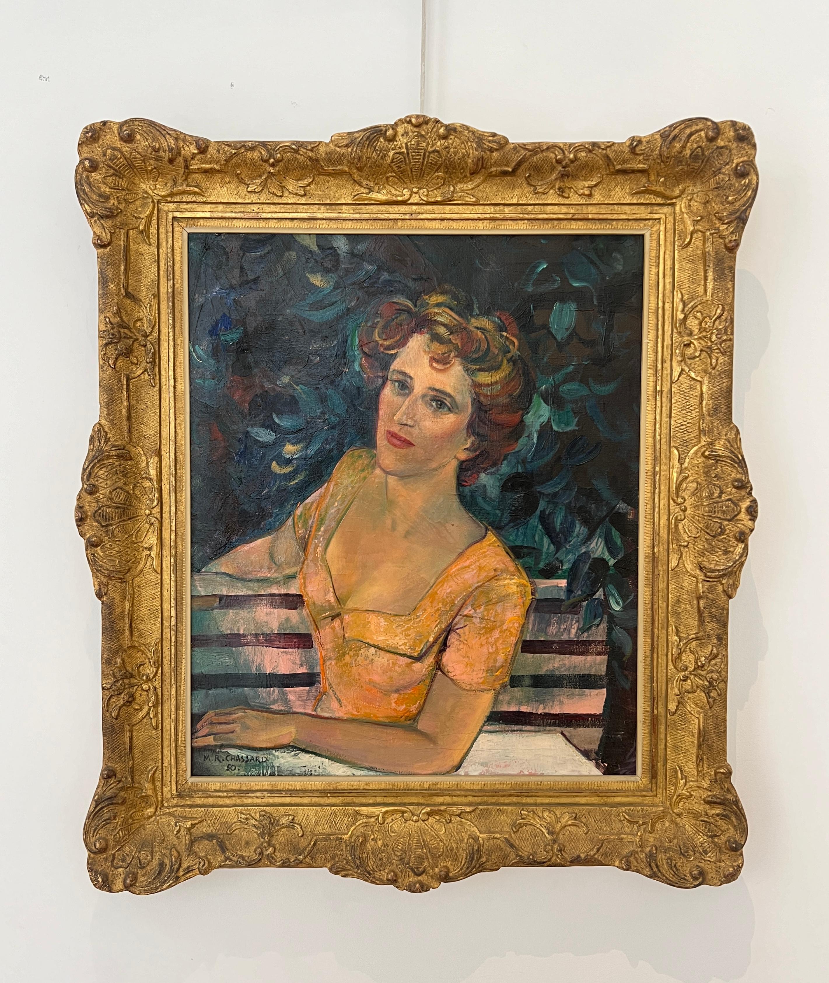 Ritratto di una signora seduta su una panchina da giardino - Painting di Marcel-René Chassard