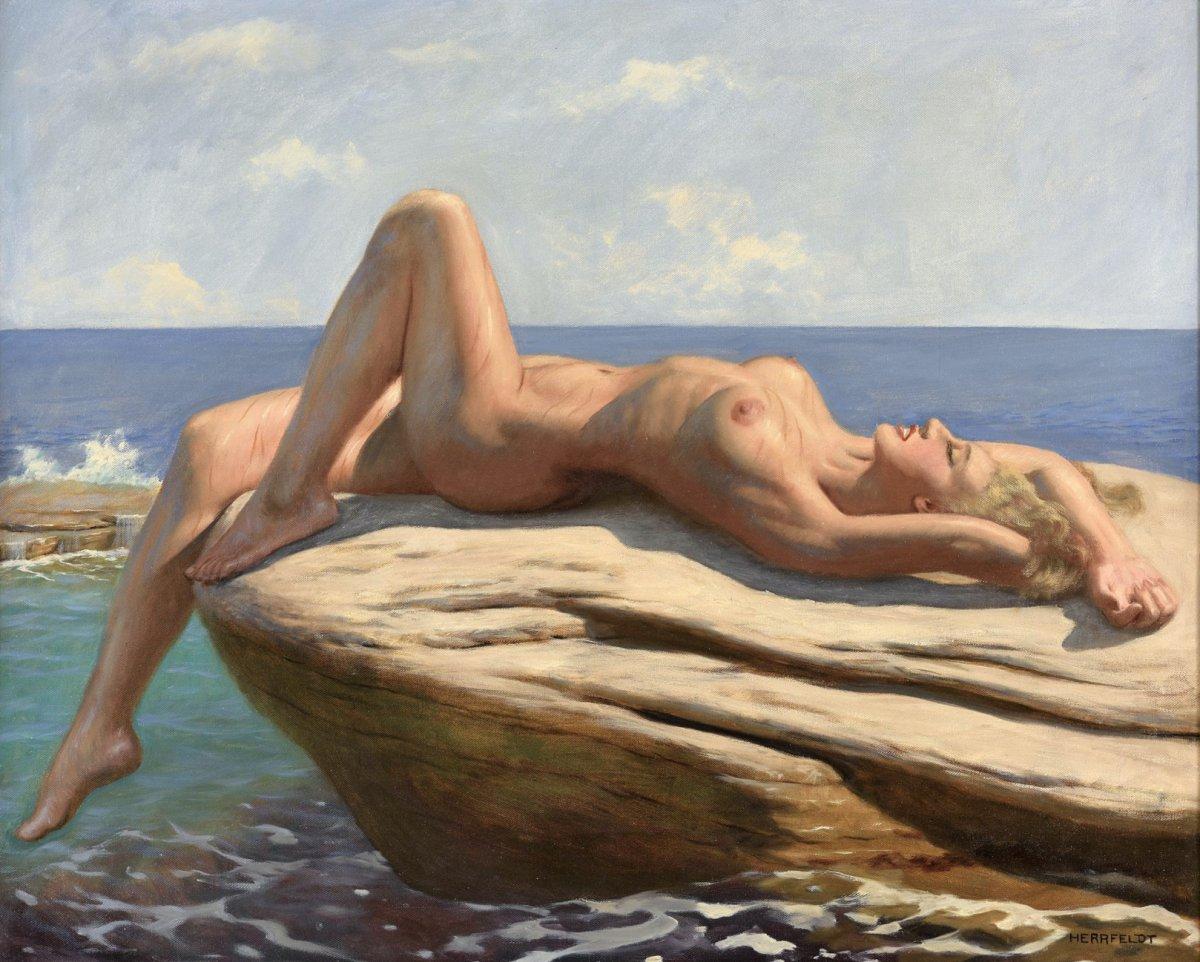 Oil On Canvas Reclining Nude at the beach By Marcel René Herrfeldt - Painting by Marcel Rene Herrfeldt