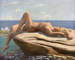 Oil On Canvas Reclining Nude at the beach By Marcel René Herrfeldt