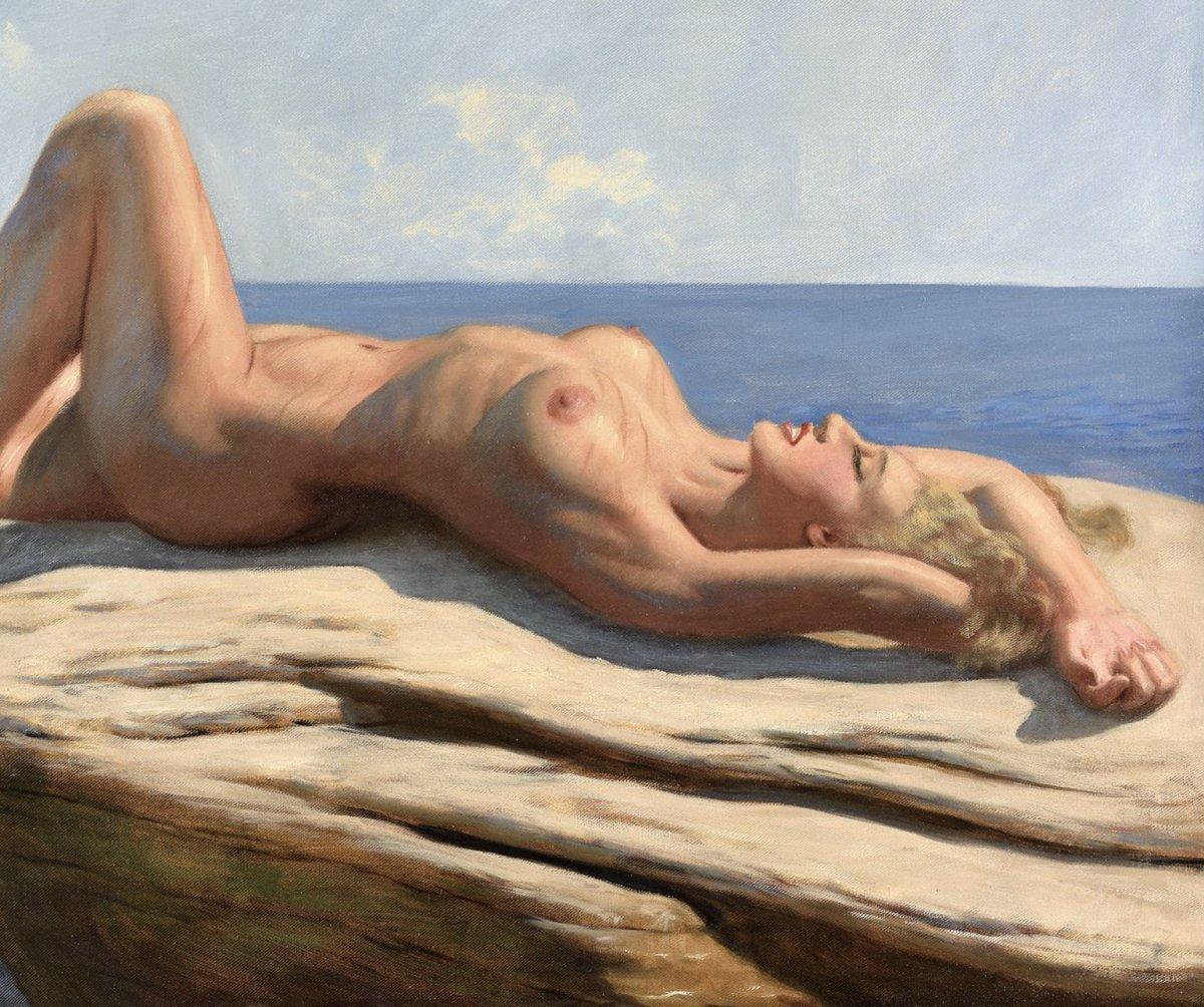 Oil On Canvas Reclining Nude at the beach By Marcel René Herrfeldt - Realist Painting by Marcel Rene Herrfeldt