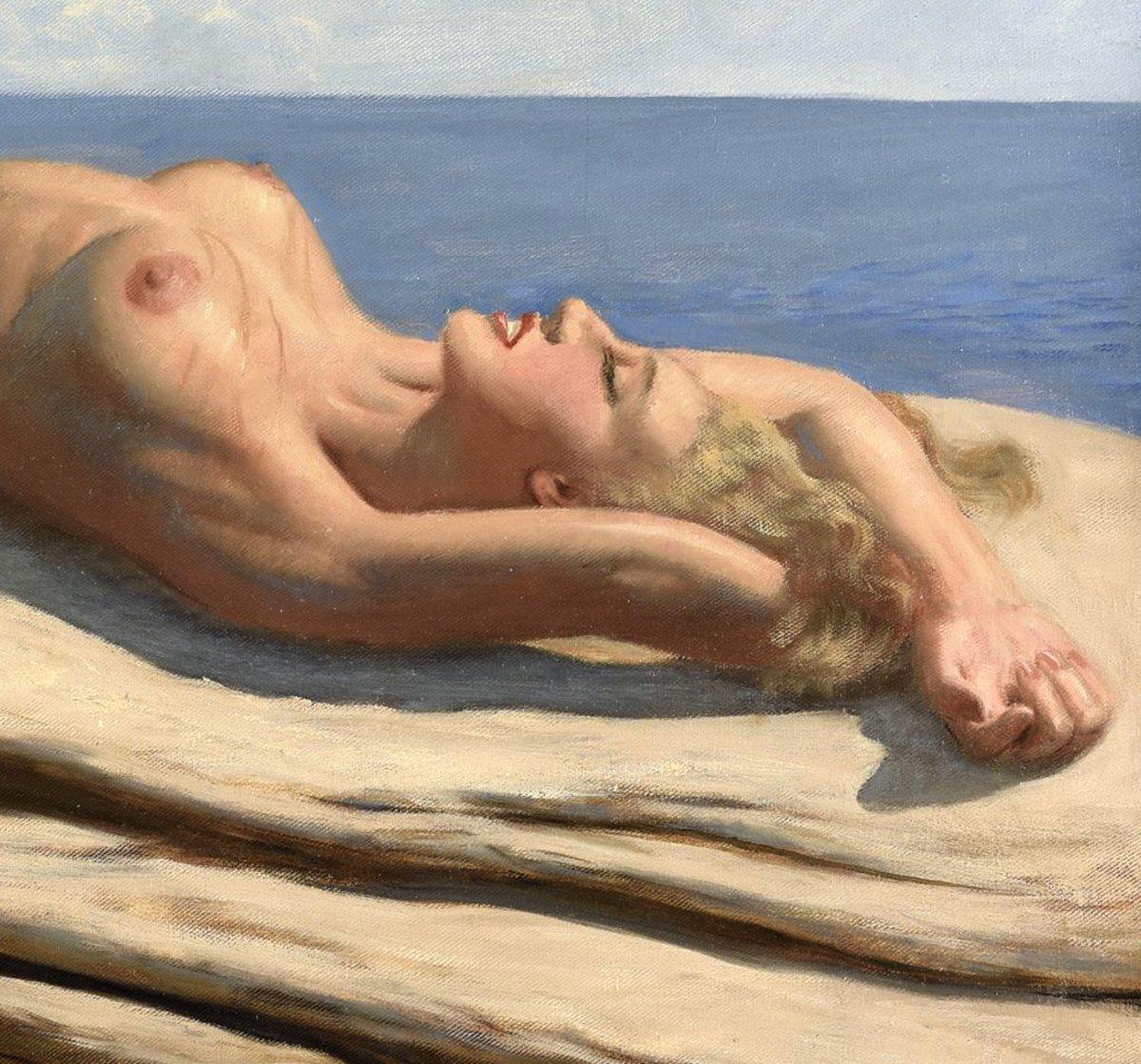 Öl auf Leinwand Liegender Akt am Strand von Marcel René Herrfeldt (Braun), Nude Painting, von Marcel Rene Herrfeldt