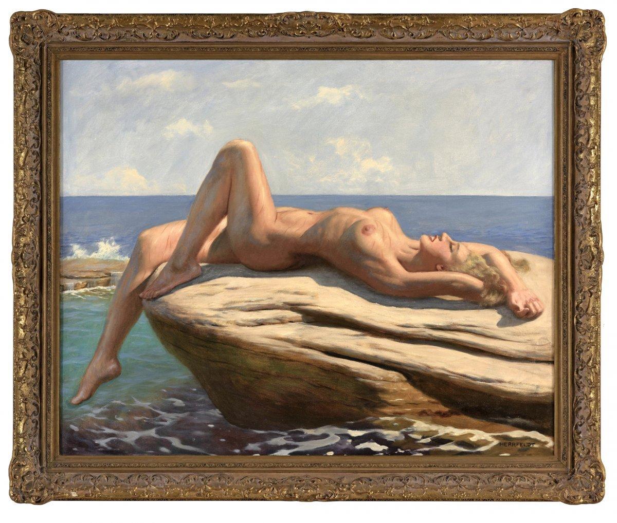 Marcel Rene Herrfeldt Nude Painting – Öl auf Leinwand Liegender Akt am Strand von Marcel René Herrfeldt