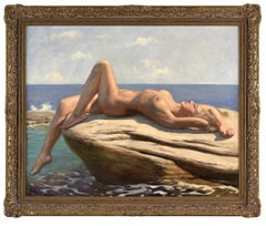 Vintage Oil On Canvas Reclining Nude at the beach By Marcel René Herrfeldt