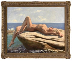 Oil On Canvas Reclining Nude at the beach By Marcel René Herrfeldt