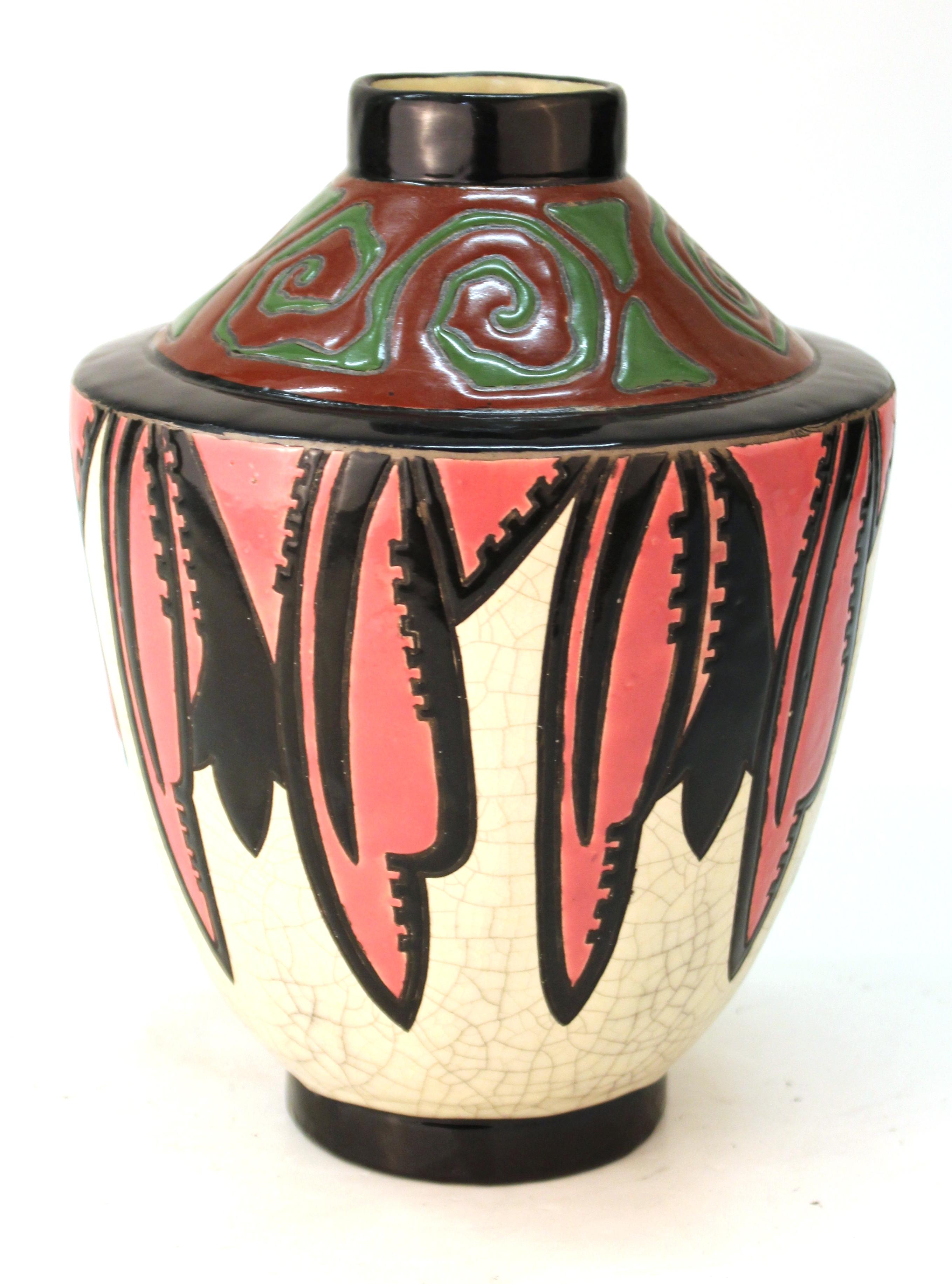 French Art Deco period ceramic vase created by Marcel Renson during the 1920s in Sceaux, near Paris. Makers mark and signature on the bottom. The piece is in great vintage condition with age-appropriate wear to the bottom.