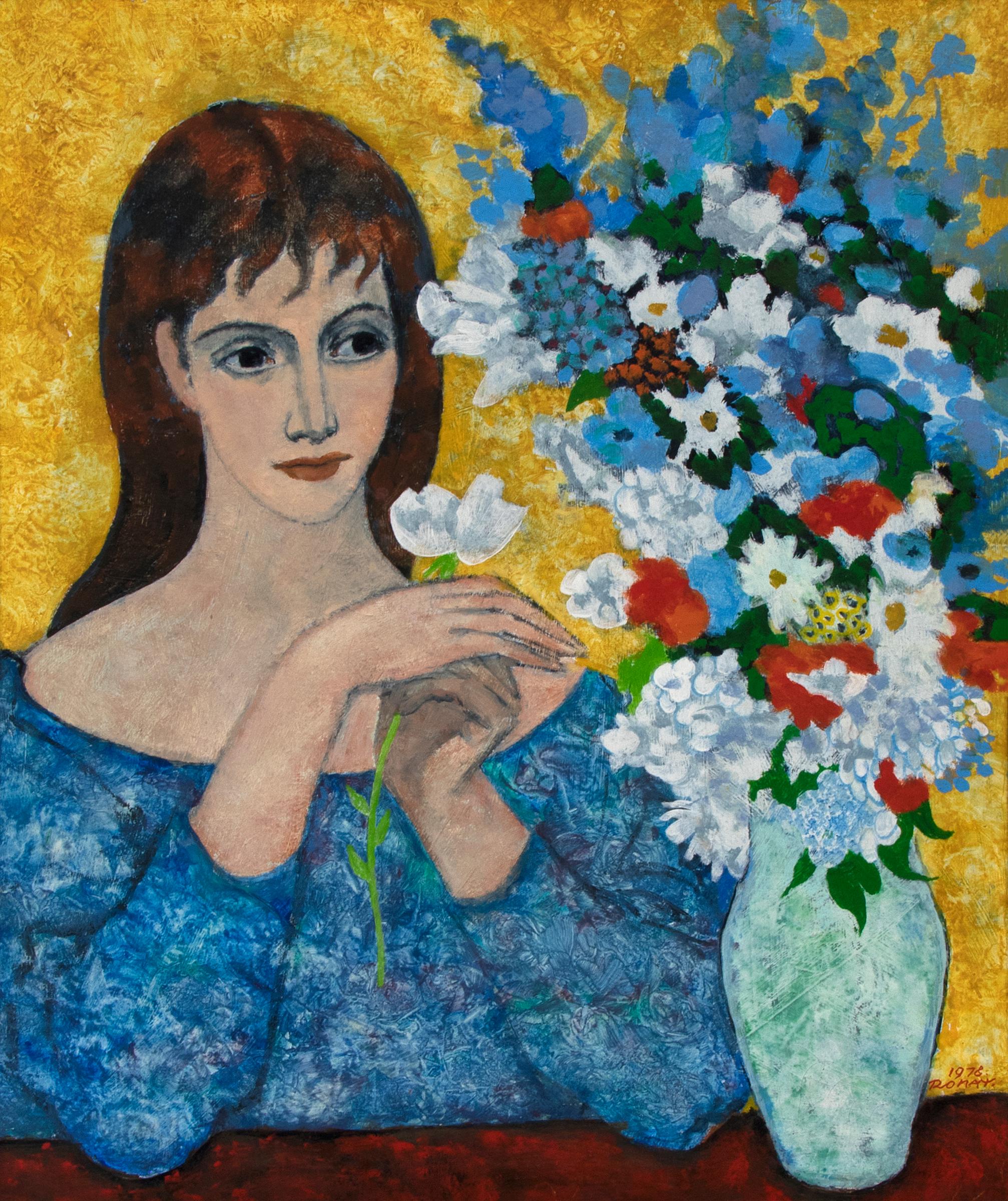 Femme avec un bouquet de fleurs, peinture à l'huile de portrait féminin encadrée, années 1970  - Painting de Marcel Ronay