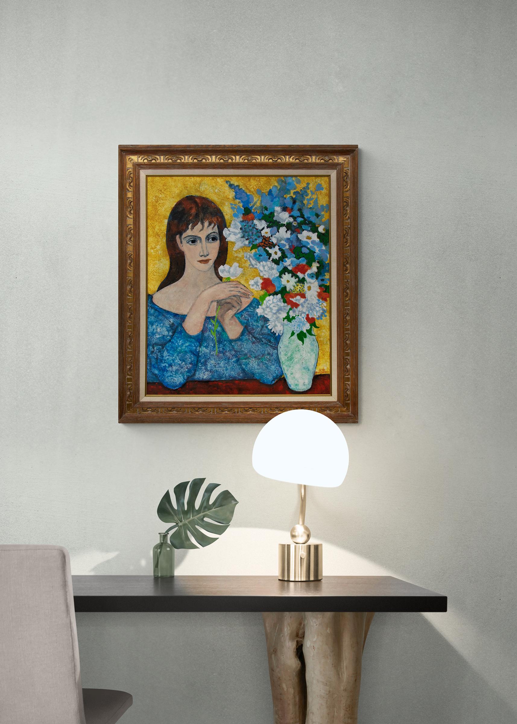 Femme avec un bouquet de fleurs, peinture à l'huile de portrait féminin encadrée, années 1970  - Fauvisme Painting par Marcel Ronay