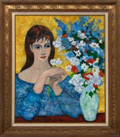 Woman with a Bouquet of Flowers, 1970s Framed Female Portrait Oil Painting 
