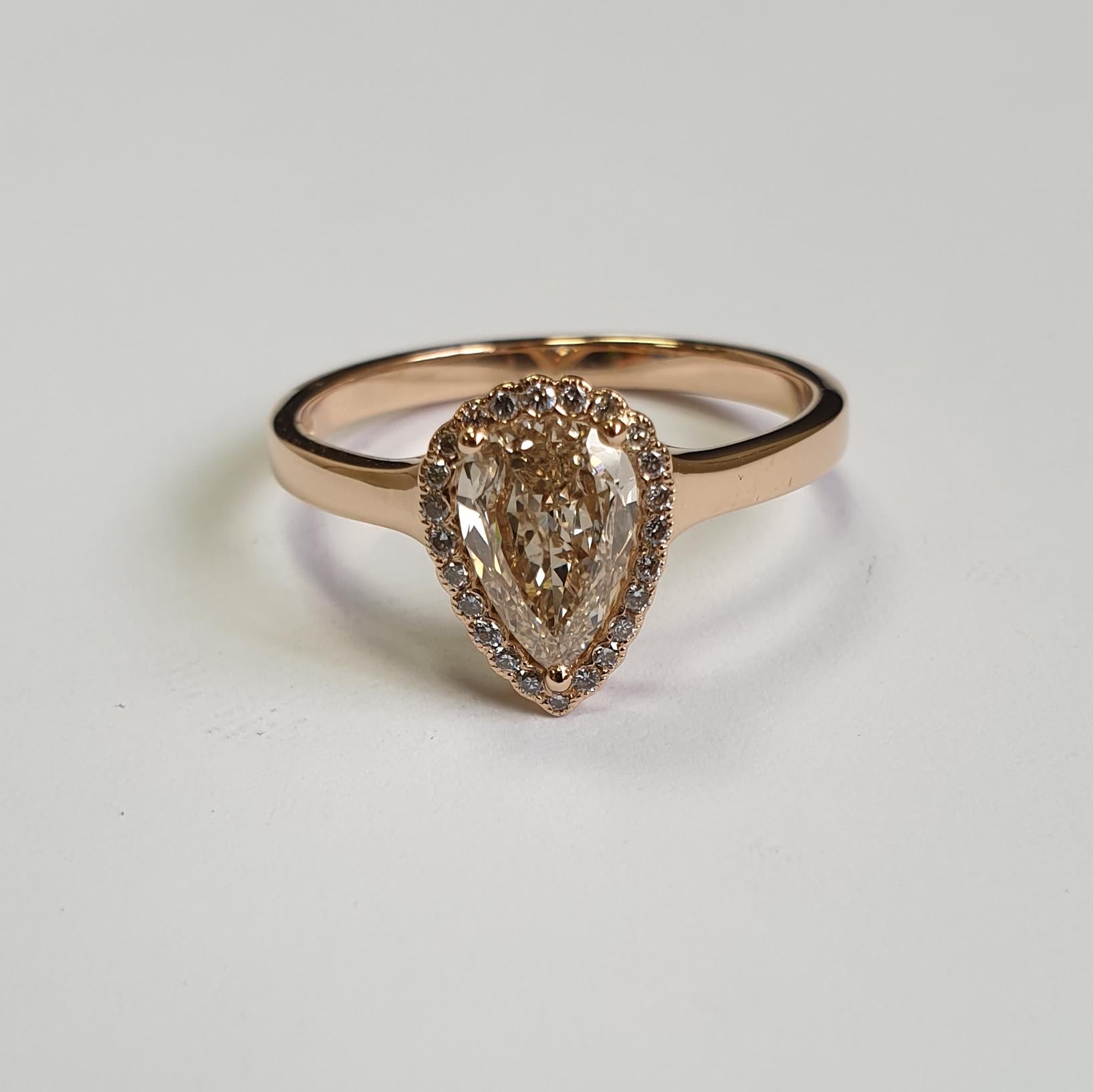 Pear Cut 0.70 Carat Champagne Pear Diamond Ring in 18 Karat Rose Gold For Sale